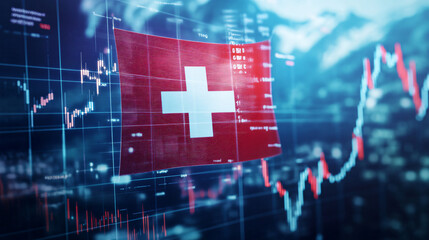 Swiss Flag on Stock Market: A red and white Swiss flag, emblazoned with the iconic white cross, dominates the forefront, standing stark against a backdrop of fluctuating stock market data.