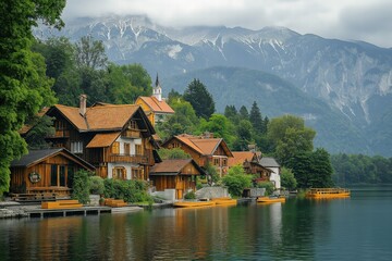 Naklejka premium Beautiful alpine village on lake bohinj reflecting in calm water with mountains in background