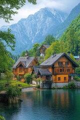 Grundlsee lake reflecting traditional wooden houses and majestic alps