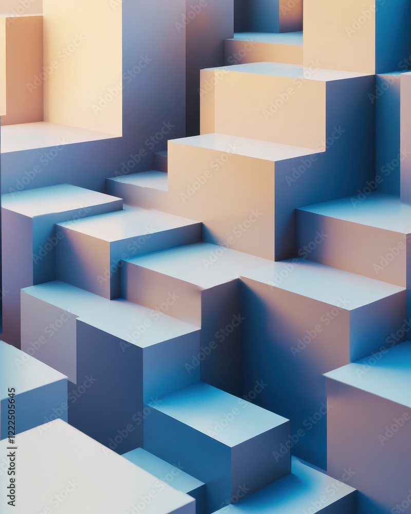 Poster abstract 3d geometric cubes with pastel color gradient and soft shadows.