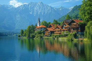 Naklejka premium Grundlsee reflecting on the lake with snowy mountains in the background