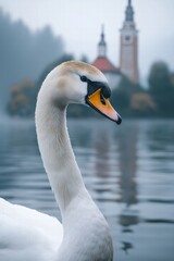 Obraz premium Elegant swan swimming on bled lake with church on island in background