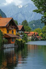 Naklejka premium Colorful houses reflecting on the grundlsee in austria, with majestic mountain in the background