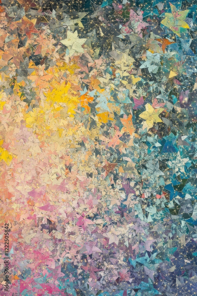Poster Abstract Colorful Star Fragment Pattern with Golden Sparkle Effect.