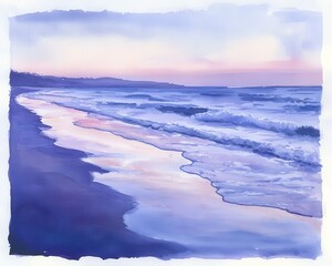 Obraz premium Watercolor Painting of a Serene Beach at Sunset with Reflective Waves and Soft Hues.
