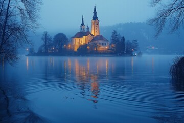 Fototapeta premium Assumption of mary pilgrimage church reflecting on lake bled at twilight