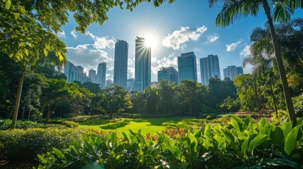 Naklejka premium Lush Tropical Park with Modern Skyscrapers, Sunburst, Kuala Lumpur, Malaysia.