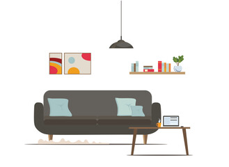 Sweet home interior with furniture. Flat cartoon style. Vector illustration.