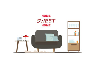 Sweet home interior with furniture. Flat cartoon style. Vector illustration.