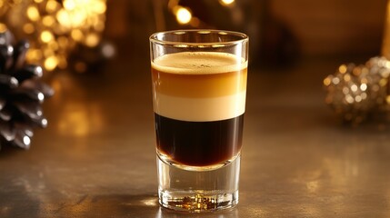 B 52 cocktail layered shot glass on bar with christmas lights in background