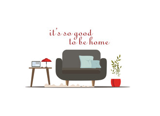 Sweet home interior with furniture. Flat cartoon style. Vector illustration.