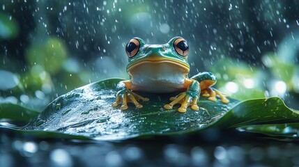 a small frog holding a large taro leaf like an umbrella
