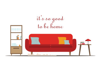 Sweet home interior with furniture. Flat cartoon style. Vector illustration.