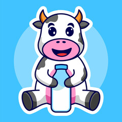 Fototapeta premium Cute Cow Sitting Cartoon Vector Icon Illustration Cow Drinking Milk Isolated Concept Icon