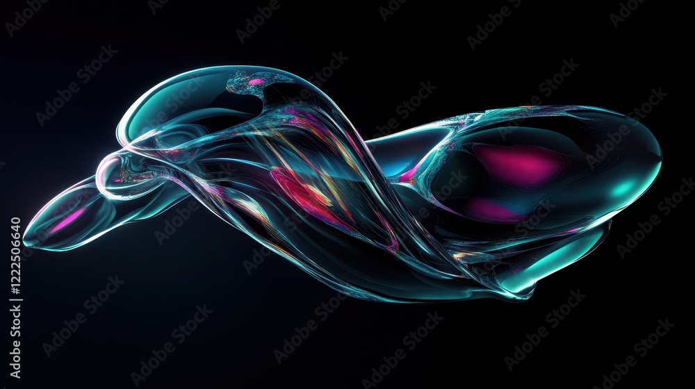 Poster abstract fluid 3d render with transparent glass-like texture and vibrant color refractions on black 