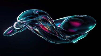 Abstract Fluid 3D Render with Transparent Glass-like Texture and Vibrant Color Refractions on Black Background.