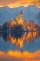 Lake bled island reflecting on calm water during golden hour sunset