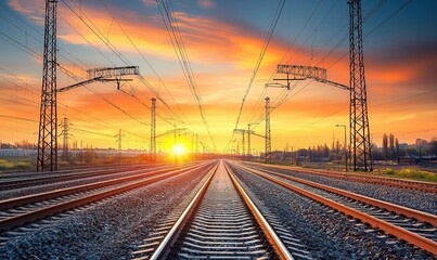 Obraz premium Railroad tracks at sunset with power lines