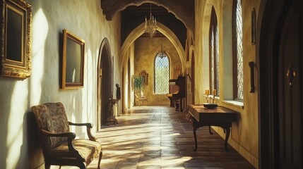 Fototapeta premium Elegant medieval castle corridor with antique furniture, arched windows, and natural light, blending historic charm with timeless beauty.