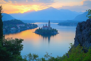 Fototapeta premium Sunrise illuminating lake bled and island church in slovenia