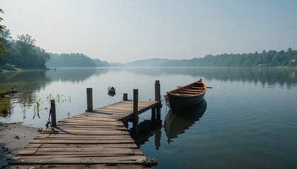Obraz premium Serene Lake Scene: A Tranquil Escape with Wooden Boat and Dock