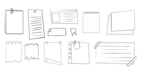 Memo sticky note reminder sheet paper. Doodle paper frame, check list with pin, tape, paperclip elements. Set cute notes, office or school messages.