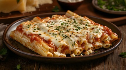 Baked Ziti with Marinara Sauce and Mozzarella Cheese Served on a Rustic Plate