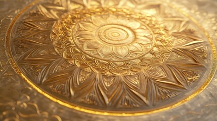 Obraz premium Intricate Golden Mandala Pattern on Glass, Ornate Sacred Geometry Design.