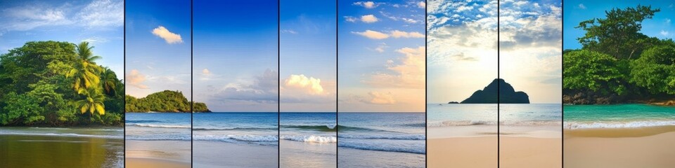 Summer Time Travel And Vacation Collage With Exotic Nature, Coconut Palms And Ocean Views.