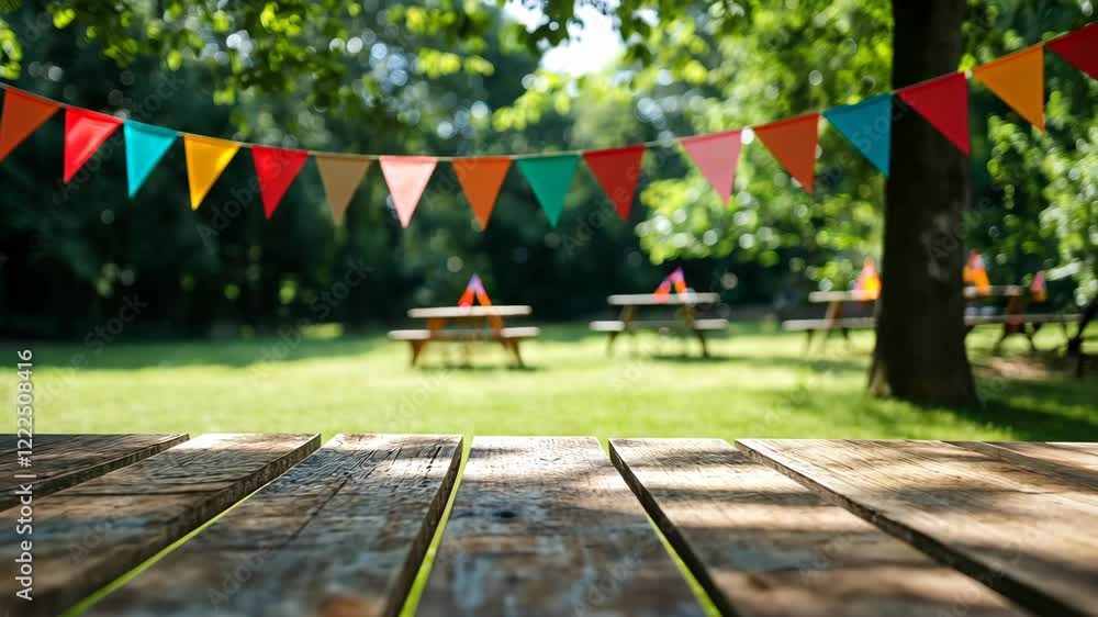 Poster empty wooden table top with a blurred background of colorful flags and a green tree