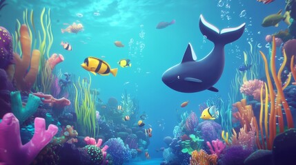 Fototapeta premium Sea bottom life animals underwater landscape background concept. Vector cartoon graphic design illustration