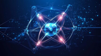 Naklejka premium Abstract futuristic molecules technology with polygonal shapes on dark blue background, digital innovation and connectivity concept, 3d vector design representation of scientific advancements and high