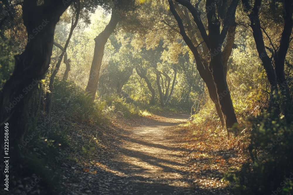 Poster sunlit forest path with misty sunlight through dense trees.