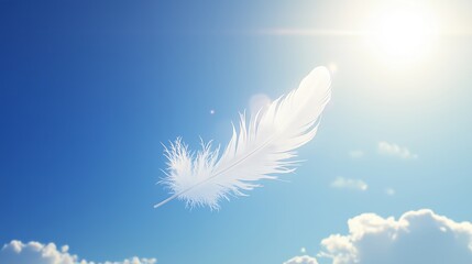 White feather floating in a sunny blue sky