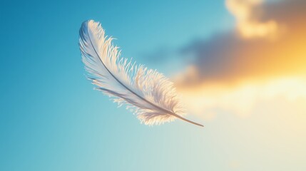 Light white feather floating in the air at sunset © utaem2022