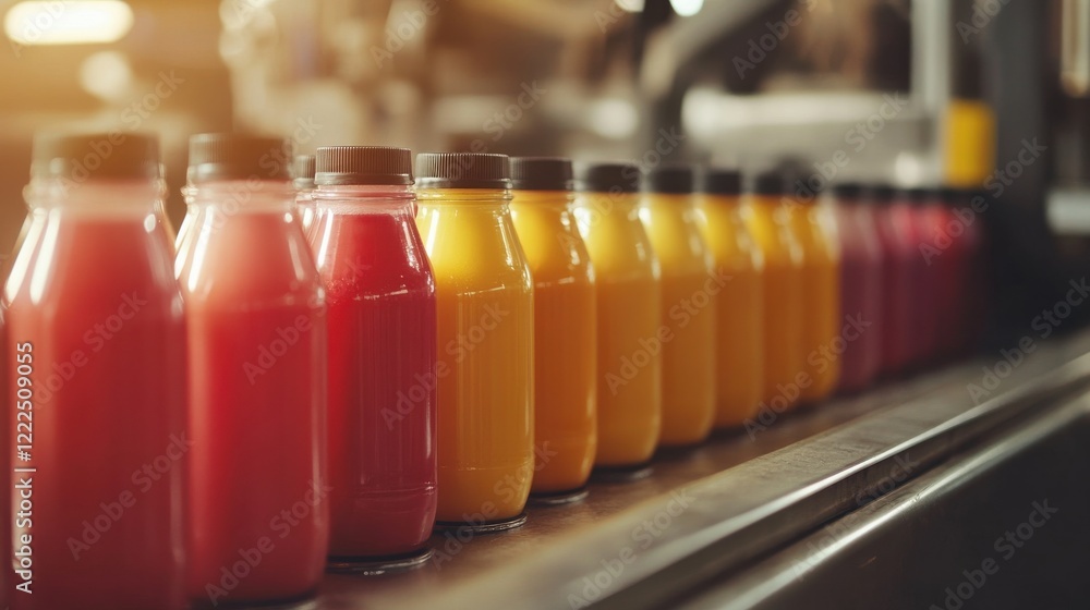Poster colorful array of juice bottles on a production line, showcasing vibrant drinks in a factory setting