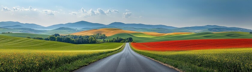 An open road stretching out into a vibrant landscape, under a vast blue sky.