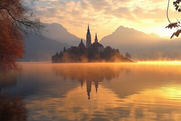 Fototapeta premium Lake bled island reflecting on calm water at sunrise with misty atmosphere
