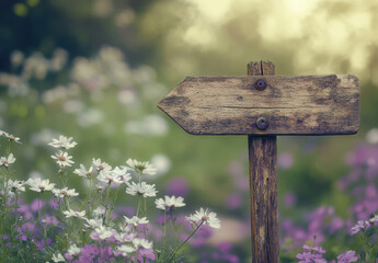 Naklejka premium Rustic wooden signpost directing visitors through a vibrant garden of wildflowers in soft sunlight