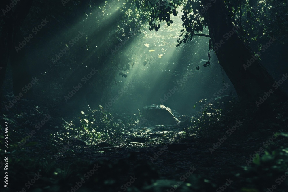 Poster enchanted forest with soft light beams shining through foliage, creating a serene and mystical atmos