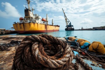 A close-up of a weathered rope lying next to vessels at a harbor, highlighting the textures of decay and maritime life in a bustling coastal environment.