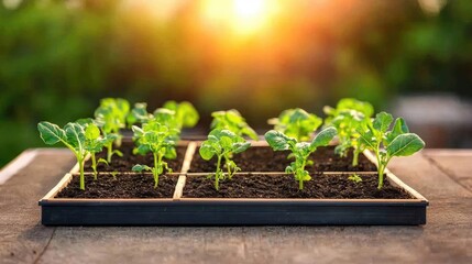 Green spaces gardening concept. Young seedlings growing in a tray, basking in warm sunlight, symbolizing new beginnings.