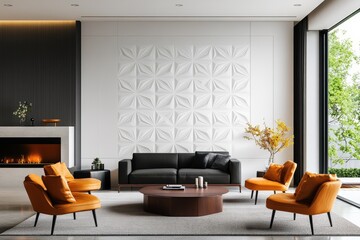 This elegant black and white living room features contemporary furniture, vibrant orange accents, and a striking 3D wall design that enhances the modern atmosphere with warmth.