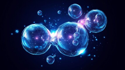 Abstract futuristic molecules technology with polygonal shapes on dark blue background, digital innovation and connectivity concept, 3d vector design representation of scientific advancements and high