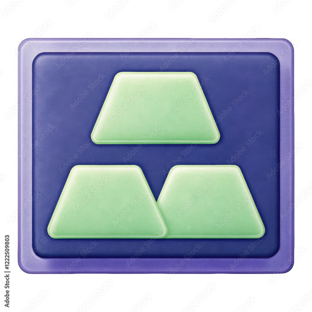 Poster a geometric design featuring three green triangular shapes arranged on a purple square background.