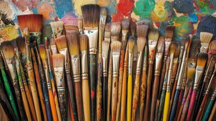 Obraz premium Bright illustration of artistic tools: brushes, pencils, and a watercolor palette. A colorful and stylish design perfect for art, creativity, education, and hobby-related themes