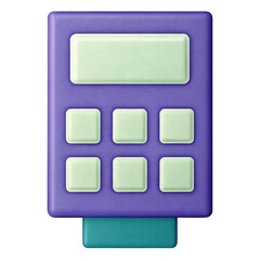 A colorful, toy-like calculator featuring a rectangular shape with multiple buttons in various sizes.