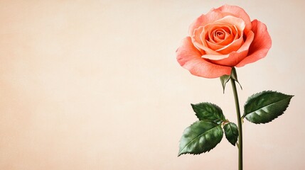 Fototapeta premium Peach Rose on Beige Textured Background