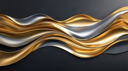 Abstract Wavy Metallic Gold and Silver Flow on Dark Textured Background