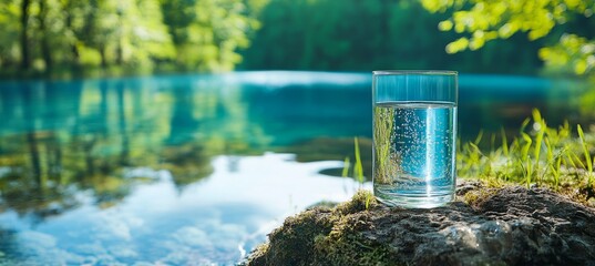Glass of Pure Water on a Mossy Rock by a Pristine Forest Lake with Sparkling Sunlight